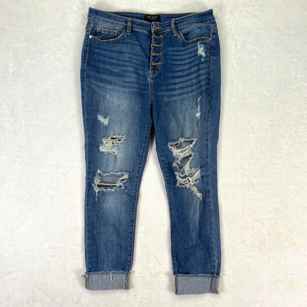 Judy Blue Jeans Womens 15 Blue Denim Stretch Skinny Button Fly Distressed Cuffed